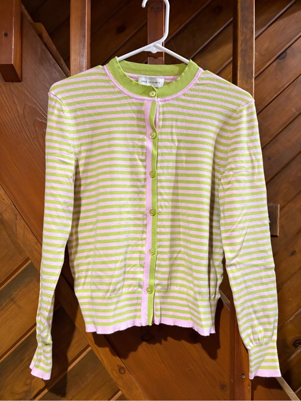 Striped Pink & Lime Button-Front Crewneck Cardigan